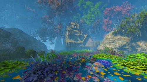 Surreal Fantasy House in a Misty Rainy Forest Pond