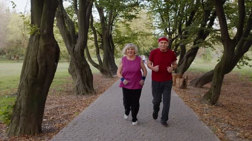 Senior Couple Jogging Together Through a Leafy Park
