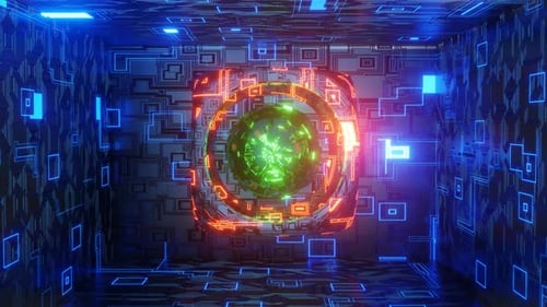 Animation 3D 4K. Objet de science-fiction avec une énergie lumineuse au centre. Sphère métallique de rotation