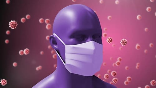 Animation von Makro-Covid-19-Zellen, die auf einem rosa Hintergrund um ein menschliches 3D-Gesicht schweben.