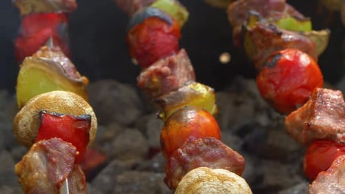 Brochettes avec de délicieux kebabs ou barbecue sur un brasero, la caméra se déplace vers la droite, curseur, gros plan
