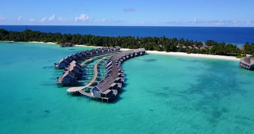 Beautiful birds eye island view of a summer white paradise sand beach and turquoise sea background