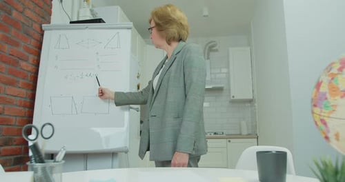 School Teacher Give Geometry Class Look at Camera Explain Equation Point at Whiteboard Stand at Home
