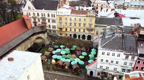 Aerial view of a drone flying over the Christmas fair.