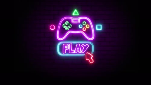 Spielen Sie Leuchtreklame, helles Schild, helles Banner. Spiellogo Neon, Emblem