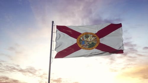 Realistic Florida State Flag Waving in Golden Hour Sky