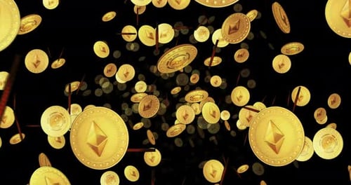 Ethereum ETH cryptocurrency looped flight between golden coins