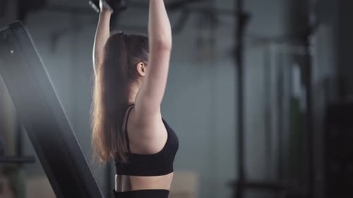 Young Female Training in the Gym Girl Lifts Dumbbell Weights While Sitting on the Bench Muscle