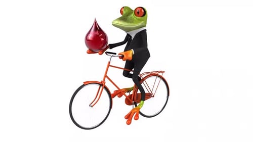 3D Animated Frog in Suit Riding Bicycle with Red Droplet