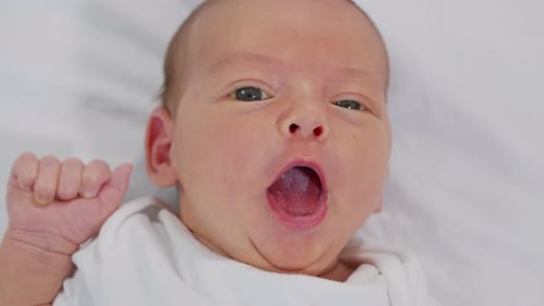 Close-up the Face of a Newborn Baby in the Early Days Who Wakes Up and Opens His Eyes. A Newborn