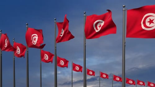 Waving Tunisia Flag with Blue Sky Background