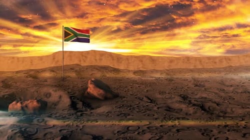 South African Flag Waving on an Alien Landscape at Sunset