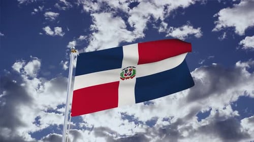 Dominican Republic Flag Waving in the Wind against a Cloudy Sky