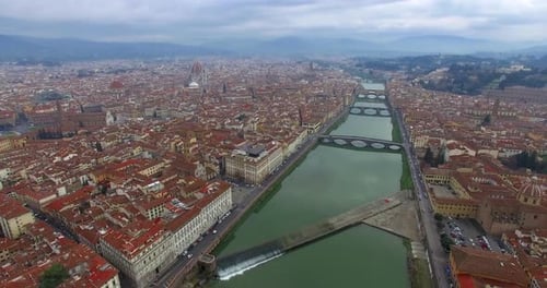 Aerial View of Florence, the City on Arno River. A Renaissance Landmark of Europe in Cloudy Weather