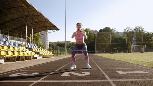 Slender Girl Squats with an Elastic Band and Jumps Up at the Stadium in Summer.