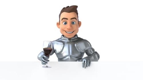 3D Cartoon Knight Holds Wine Glass Behind Blank Text Board