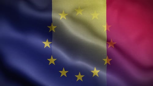 Waving European Union Stars Flag with Blue Yellow Red Stripes