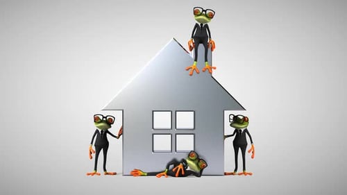 Lustige Business-Frösche neben einem Haus