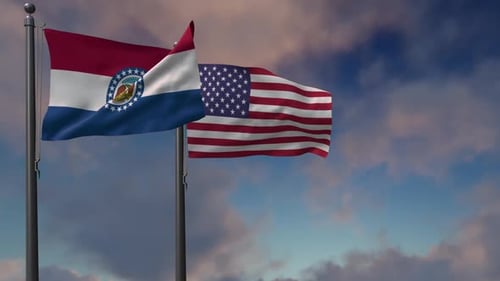 Waving Missouri and USA Flags on Flagpoles
