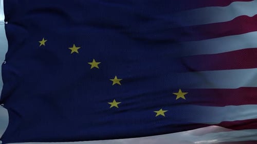 European Union and United States Flags Waving Transition Background