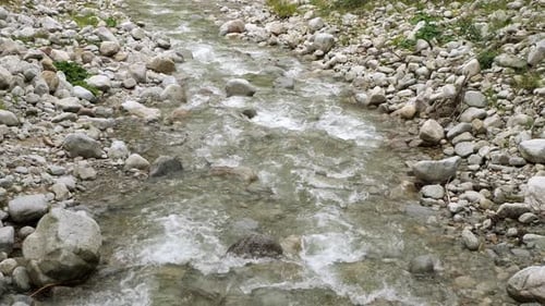 The mountain river gurgles flowing down the rocks. Mountain waters