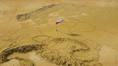 Poland Flag Waving on 3D Relief Map of Europe