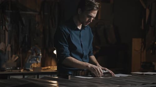 Craftsman Cutting Leather in his Workshop