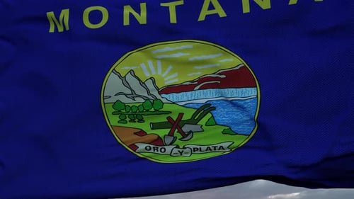 Realistic Montana State Flag Waving Against Cloudy Sky