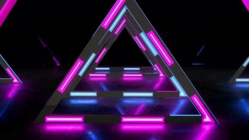Neon Glowing Geometric Triangle Tunnel Loop Background