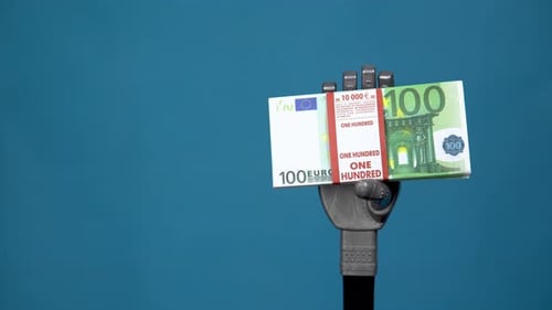 Robot Hand Holding Stack of Euro Bills