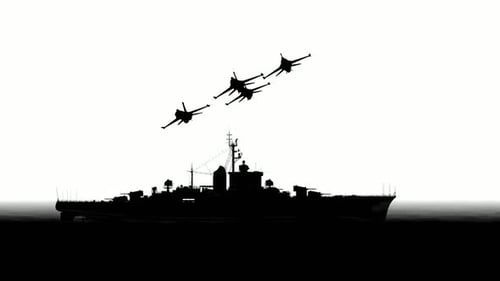 Minimalist Warship and Fighter Jets Aerial Pass Silhouette Animation