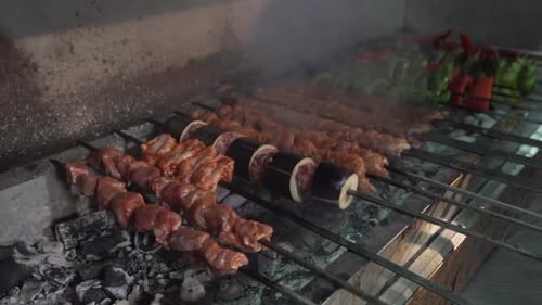 Delicious Kebab Skewers Cooking Over Charcoal