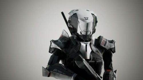 Soldado futurista con armadura de acero con la pistola Cyber Punk