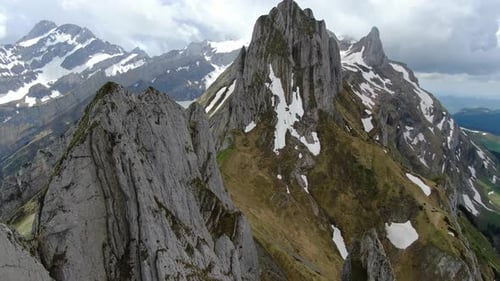 Drone view of the Shafler mountain ridge in Appenzell Alps, Switzerland, Europe