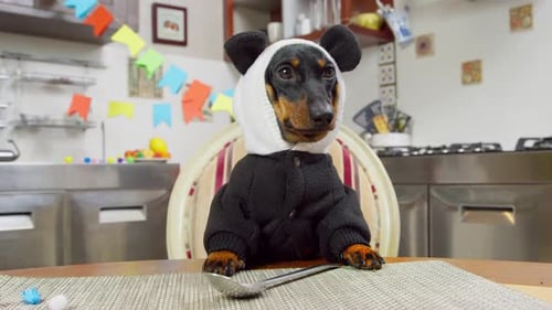 Dachshund in Panda Costume at Kitchen Table