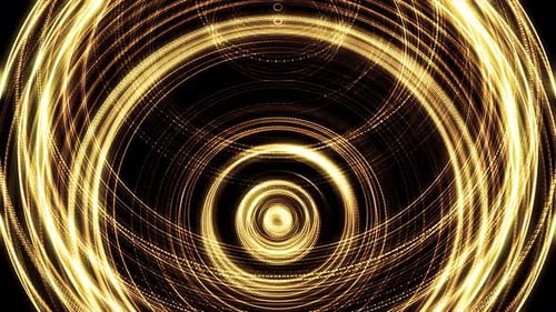 Glänzende goldene Ringe in pulsierender Bewegung auf schwarzem Hintergrund