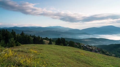 Fast-moving morning mists over the tree-covered mountain slopes
