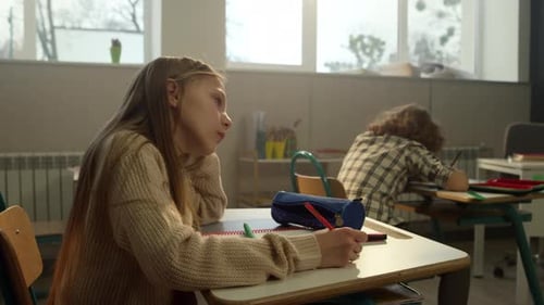 Intelligentes Schulmädchen schreibt im Notizbuch im Unterricht in der Grundschule