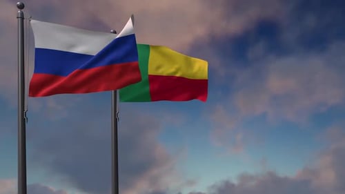 Russia and Benin Flags Waving in Realistic 3D Animation