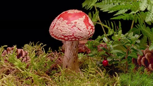 Close Up Fly Agaric Mushroom Surrounded by Moss