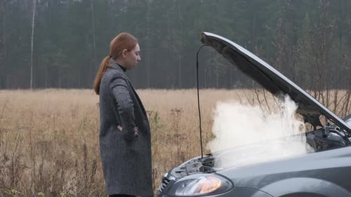 Woman Looks at Steaming, Overheated Car