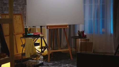 Empty Art Studio with Canvas at Night