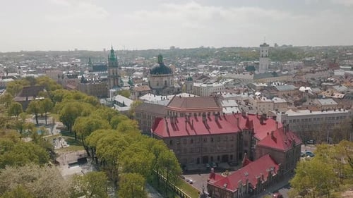 Lvov, Ukraine. Aerial City Lviv, Ukraine. Panorama of the Old Town. Dominican