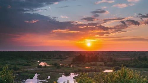 Beautiful Amazing Sunrise Above Summer Forest And River Landscape