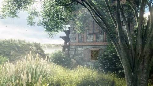 Rustic Stone Watermill Amidst Lush Nature with Sunlight Animation