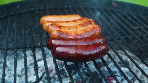 Side view of grilled sausage on BBQ with charcoal.