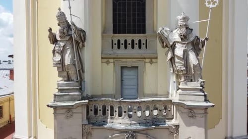 Aerial drone view of a flying over the Catholic Cathedral.