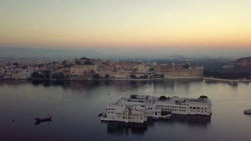 Aerial view Drone 4k of Lake Pichola And City Palace, Udaipur
