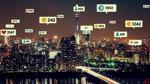 Social Media Icons Fly Over City Downtown Showing People Engagement Connection