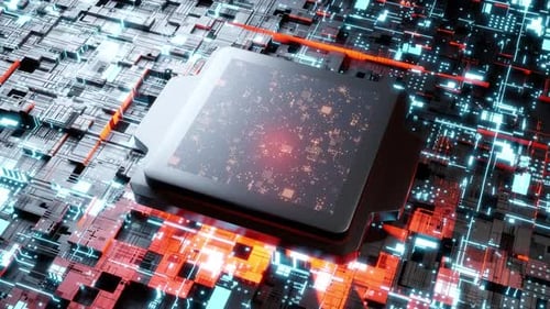 3D rendered animation, CPU processor unit on motherbaord or chipset